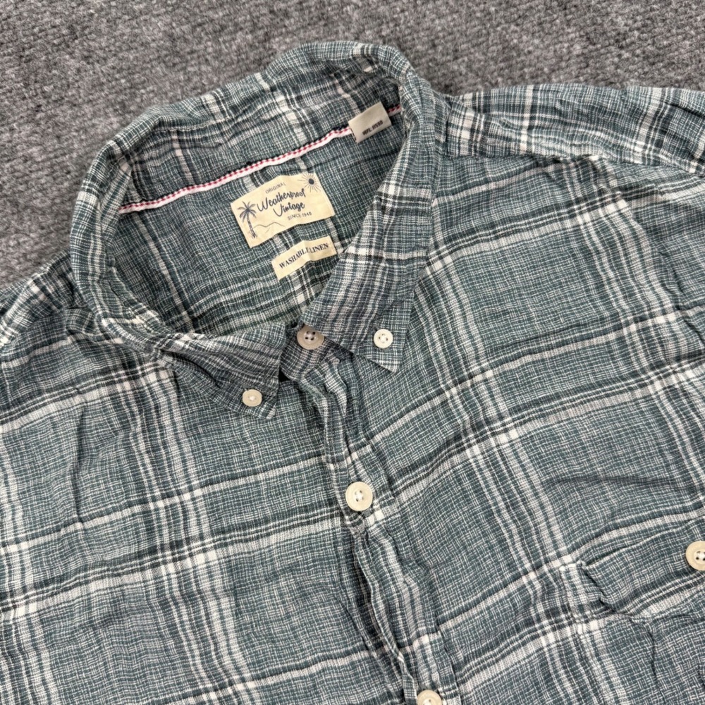 Weatherproof Vintage Shirt XXL Blue Plaid Linen Cotton Short Sleeve Mens